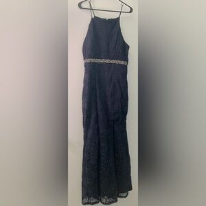 Trixxi navy flower gown with embellished belt and slit. Size 13.